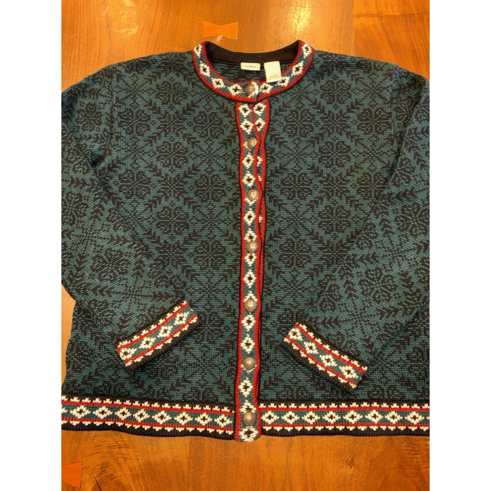 Vintage LL Bean Sweater Womens Medium Green Nordic Button Cotton Winter Thick